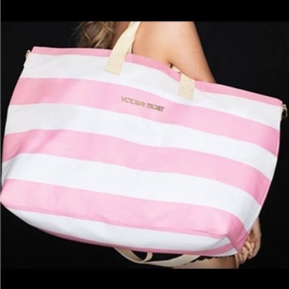 Victoria's Secret Handbags - Victoria’s Secret Zipper Canvas Tote Bag. White/Pink. Adjustment Strap